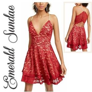 EMERALD SUNDAE Red Lace Racerback Fit & Flare Sparkly Dress Prom Cocktail Wmn S